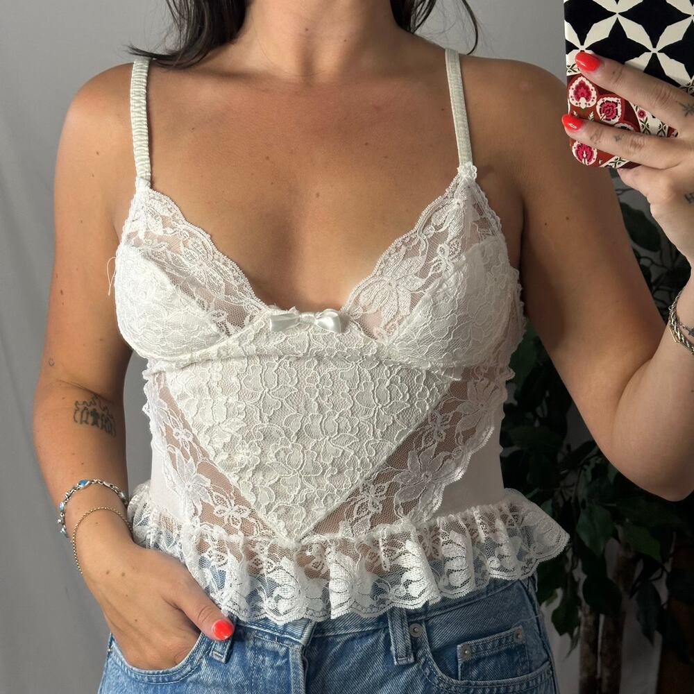 Vintage White Lace Cami Sheer Corset TankSize Medium